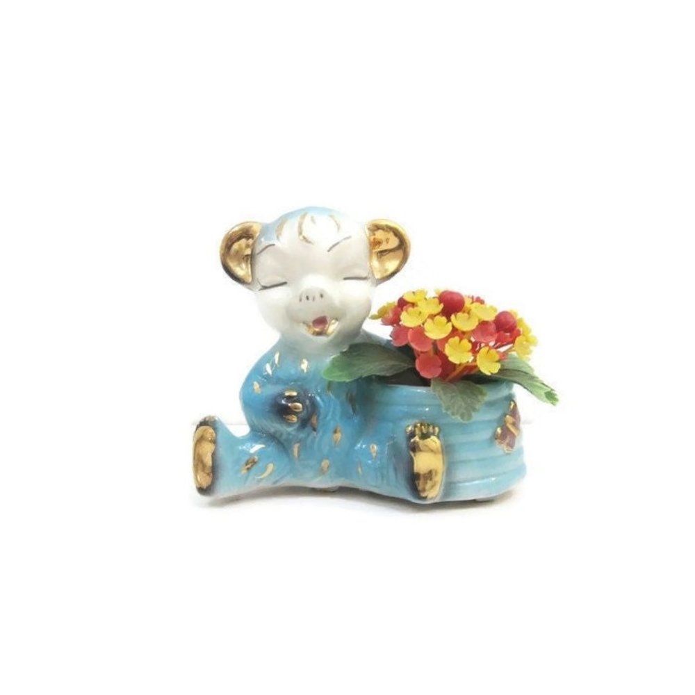 Vintage Planter Ceramic Bear Pig Basket Figural Vase Holder Kids Room